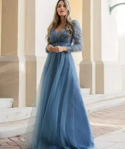 Ever-Pretty US Long Sleeve Dresses Custom Size Sequin Bodice Sheer Long Sleeves Maxi Evening Dress