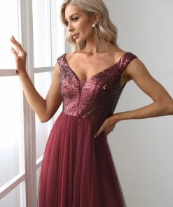 Ever-Pretty US Evening Dresses & Gowns A-line Sequin Off The Shoulder Maxi Tulle Evening Dress