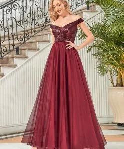 Ever-Pretty US Shiny Sequin Bodice Off The Shoulder Maxi Tulle Evening Dress SHOP BY OCCASION