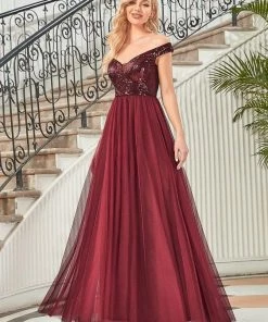 Ever-Pretty US Shiny Sequin Bodice Off The Shoulder Maxi Tulle Evening Dress SHOP BY OCCASION
