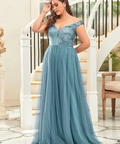 Ever-Pretty US Plus Size Shiny Sequin Bodice Off The Shoulder Maxi Tulle Formal Evening Dress SHOP BY OCCASION