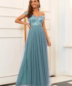 Ever-Pretty US Shiny Sequin Bodice Off The Shoulder Maxi Tulle Evening Dress SHOP BY OCCASION