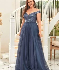 Ever-Pretty US Shiny Sequin Bodice Off The Shoulder Maxi Tulle Evening Dress SHOP BY OCCASION