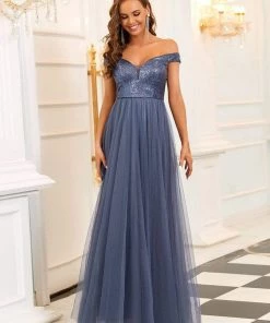 Ever-Pretty US Shiny Sequin Bodice Off The Shoulder Maxi Tulle Evening Dress SHOP BY OCCASION