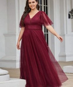 Ever-Pretty US Plus Size Romantic V Neck Tulle Evening Dress With Ruffle Sleeves SHOP BY OCCASION