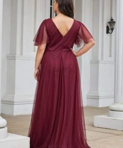 Ever-Pretty US Plus Size Romantic V Neck Tulle Evening Dress With Ruffle Sleeves SHOP BY OCCASION