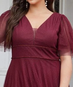 Ever-Pretty US Plus Size Romantic V Neck Tulle Evening Dress With Ruffle Sleeves SHOP BY OCCASION