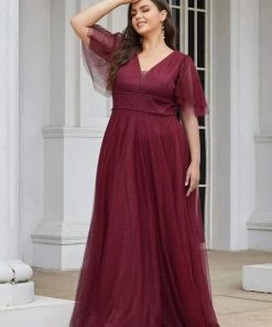 Ever-Pretty US Romantic V Neck Tulle Evening Dress With Ruffle Sleeves