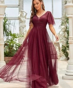 Ever-Pretty US Romantic V Neck Tulle Evening Dress With Ruffle Sleeves