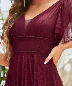 Ever-Pretty US Romantic V Neck Tulle Evening Dress With Ruffle Sleeves