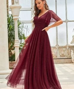 Ever-Pretty US Romantic V Neck Tulle Evening Dress With Ruffle Sleeves