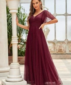 Ever-Pretty US Romantic V Neck Tulle Evening Dress With Ruffle Sleeves