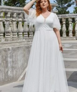 Ever-Pretty US Plus Size Romantic V Neck Tulle Evening Dress With Ruffle Sleeves SHOP BY OCCASION