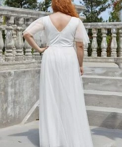 Ever-Pretty US Romantic V Neck Tulle Evening Dress With Ruffle Sleeves