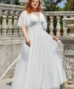 Ever-Pretty US Romantic V Neck Tulle Evening Dress With Ruffle Sleeves