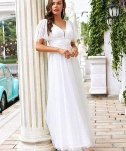 Ever-Pretty US Romantic V Neck Tulle Evening Dress With Ruffle Sleeves
