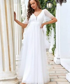 Ever-Pretty US Romantic V Neck Tulle Evening Dress With Ruffle Sleeves