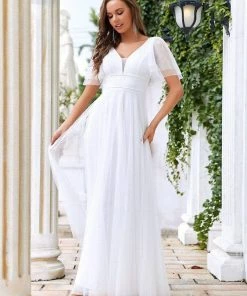 Ever-Pretty US Romantic V Neck Tulle Evening Dress With Ruffle Sleeves