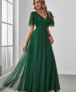 Ever-Pretty US Romantic V Neck Tulle Evening Dress With Ruffle Sleeves