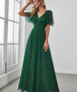 Ever-Pretty US Romantic V Neck Tulle Evening Dress With Ruffle Sleeves