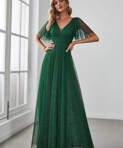 Ever-Pretty US Romantic V Neck Tulle Evening Dress With Ruffle Sleeves
