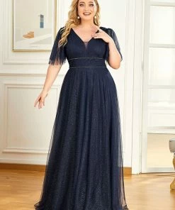 Ever-Pretty US Plus Size Romantic V Neck Tulle Evening Dress With Ruffle Sleeves SHOP BY OCCASION