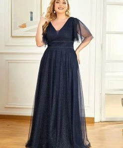 Ever-Pretty US Plus Size Romantic V Neck Tulle Evening Dress With Ruffle Sleeves SHOP BY OCCASION
