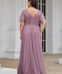 Ever-Pretty US Plus Size Romantic V Neck Tulle Evening Dress With Ruffle Sleeves SHOP BY OCCASION