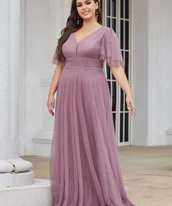 Ever-Pretty US Plus Size Romantic V Neck Tulle Evening Dress With Ruffle Sleeves SHOP BY OCCASION