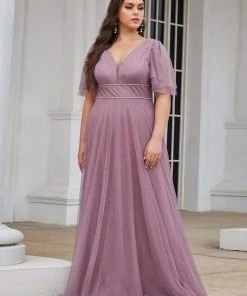 Ever-Pretty US Plus Size Romantic V Neck Tulle Evening Dress With Ruffle Sleeves SHOP BY OCCASION