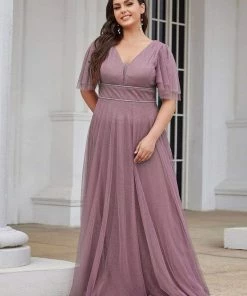 Ever-Pretty US Romantic V Neck Tulle Evening Dress With Ruffle Sleeves