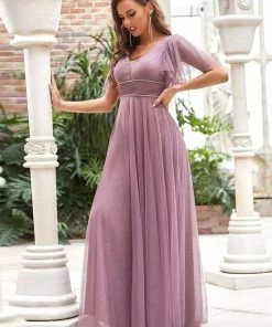 Ever-Pretty US Romantic V Neck Tulle Evening Dress With Ruffle Sleeves