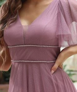 Ever-Pretty US Romantic V Neck Tulle Evening Dress With Ruffle Sleeves