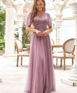 Ever-Pretty US Romantic V Neck Tulle Evening Dress With Ruffle Sleeves
