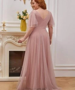 Ever-Pretty US Plus Size Romantic V Neck Tulle Evening Dress With Ruffle Sleeves SHOP BY OCCASION