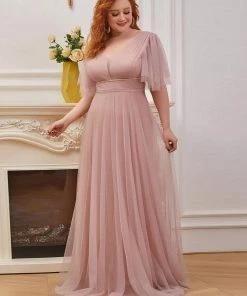 Ever-Pretty US Plus Size Romantic V Neck Tulle Evening Dress With Ruffle Sleeves SHOP BY OCCASION