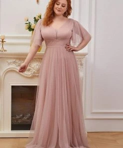 Ever-Pretty US Plus Size Romantic V Neck Tulle Evening Dress With Ruffle Sleeves SHOP BY OCCASION