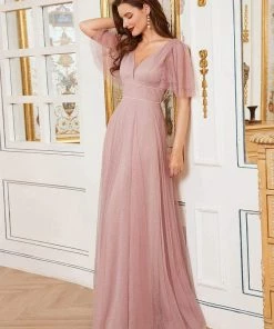 Ever-Pretty US Romantic V Neck Tulle Evening Dress With Ruffle Sleeves