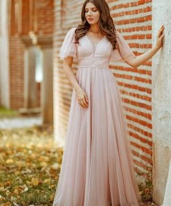 Ever-Pretty US Romantic V Neck Tulle Evening Dress With Ruffle Sleeves