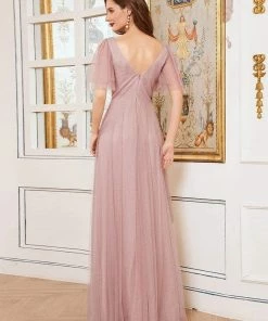 Ever-Pretty US Romantic V Neck Tulle Evening Dress With Ruffle Sleeves