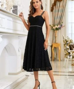 Ever-Pretty US Elegant Beaded Strap Sweetheart Midi Lace Evening Dress