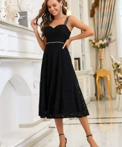 Ever-Pretty US Elegant Beaded Strap Sweetheart Midi Lace Evening Dress