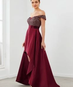Ever-Pretty US SHOP BY OCCASION Sequin Off-Shoulder Illusion Sweetheart Ribbon Waist High Low Evening Dress