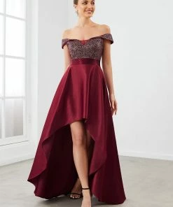 Ever-Pretty US SHOP BY OCCASION Sequin Off-Shoulder Illusion Sweetheart Ribbon Waist High Low Evening Dress