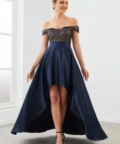 Ever-Pretty US SHOP BY OCCASION Sequin Off-Shoulder Illusion Sweetheart Ribbon Waist High Low Evening Dress