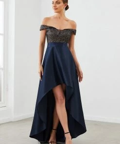 Ever-Pretty US SHOP BY OCCASION Sequin Off-Shoulder Illusion Sweetheart Ribbon Waist High Low Evening Dress