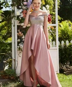 Ever-Pretty US SHOP BY OCCASION Sequin Off-Shoulder Illusion Sweetheart Ribbon Waist High Low Evening Dress