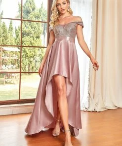Ever-Pretty US SHOP BY OCCASION Sequin Off-Shoulder Illusion Sweetheart Ribbon Waist High Low Evening Dress