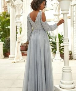 Ever-Pretty US Sequin V-Neck Cold Shoulder Puff Sleeve Tulle Pleated Evening Dress SHOP BY OCCASION