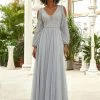 Ever-Pretty US Sequin V-Neck Cold Shoulder Puff Sleeve Tulle Pleated Evening Dress SHOP BY OCCASION